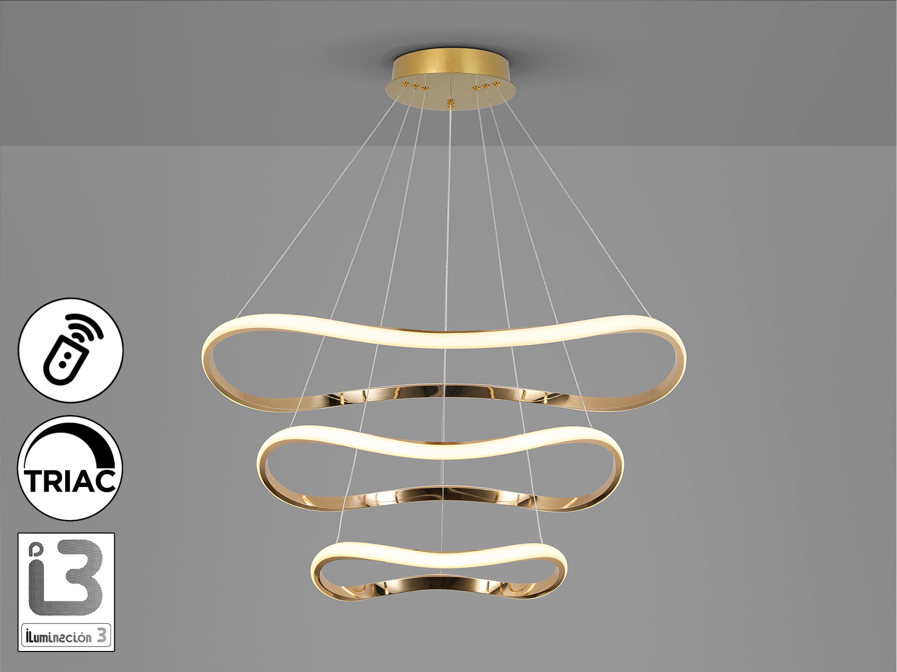 Lámpara de techo Naos 3 aros oro rosa de Schuller (151038) - Diseño moderno, 3 aros con iluminación LED 3000K, 3700lm y regulable. Ideal para salón y dormitorio.