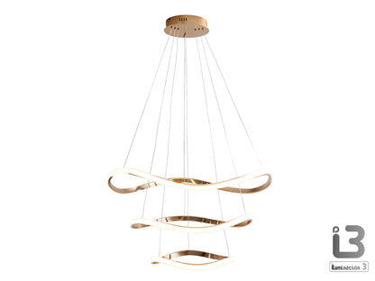 Lámpara de techo Naos 3 aros oro rosa de Schuller (151038) colgando en salón moderno, con luz cálida (3000K) y diseño regulable. Ideal para iluminación interior y dormitorio, 3700lm, 68w y 80cm de diámetro.