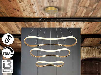 Lámpara de techo Naos 3 aros oro rosa para comedor o salón moderno | Schuller 151038D, dimable y con diseño glam.