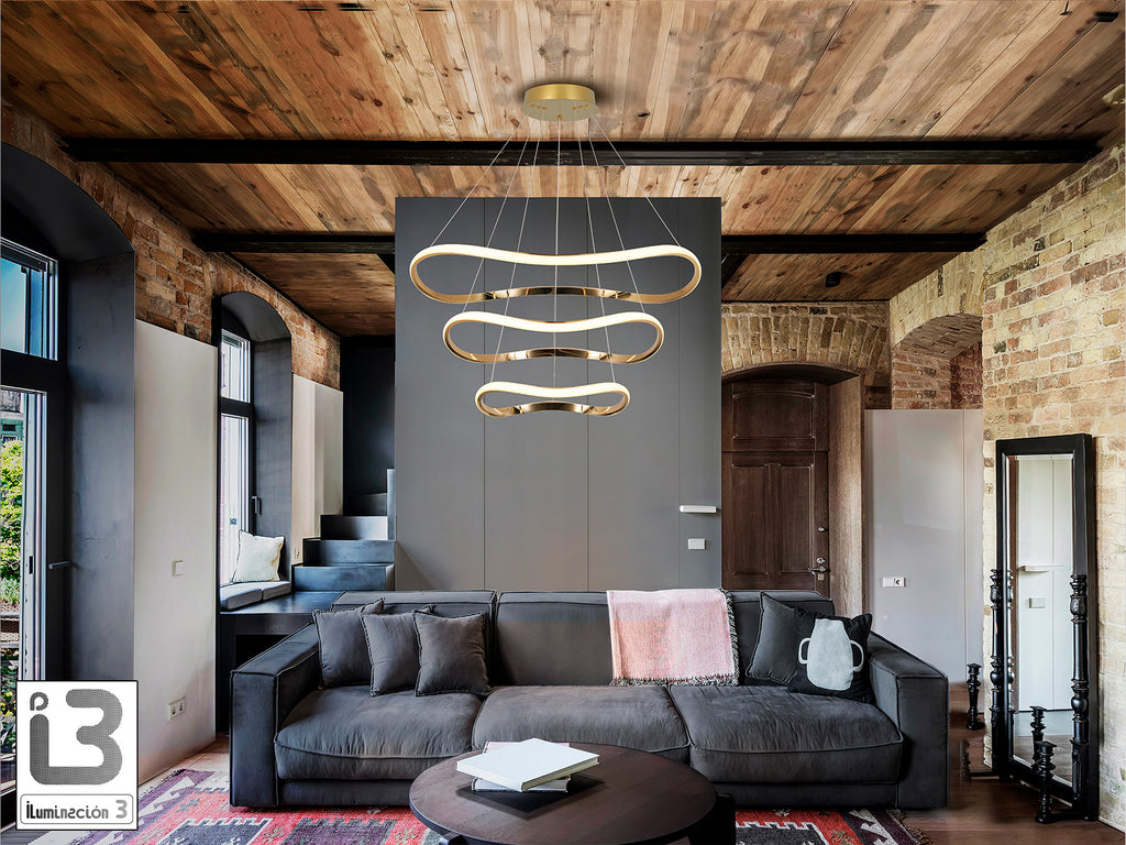 Lámpara de techo Naos 3 aros oro rosa de Schuller (151038) - Diseño moderno con iluminación LED cálida (3000K) y regulable, ideal para salón y dormitorio.