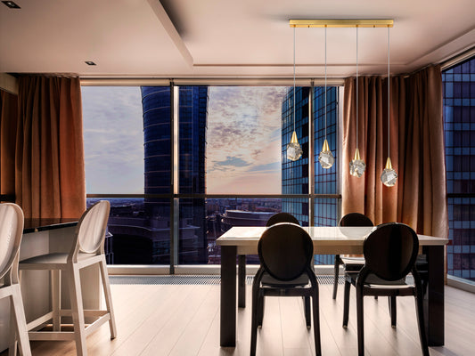 Lámpara de techo Aquaria Oro Mate Schuller 157155, 4 luces LED, colgante moderna con cristal, regulable en altura, ideal para comedor y salón.