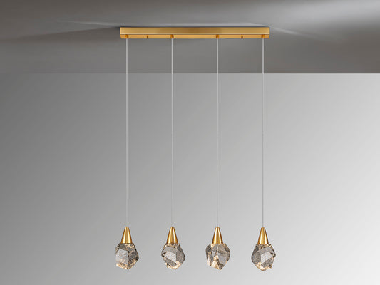 Lámpara de techo Aquaria oro mate con 4 luces LED, ideal para comedor o salón moderno. Diseño colgante de cristal regulable en altura, marca Schuller (157155).