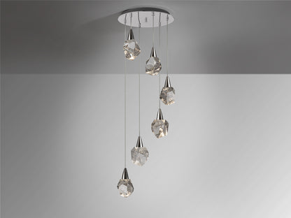 Lámpara de techo Aquaria 6 luces cromada con cristales y LED, colgante moderno regulable en altura ideal para salón. Schuller 157239.