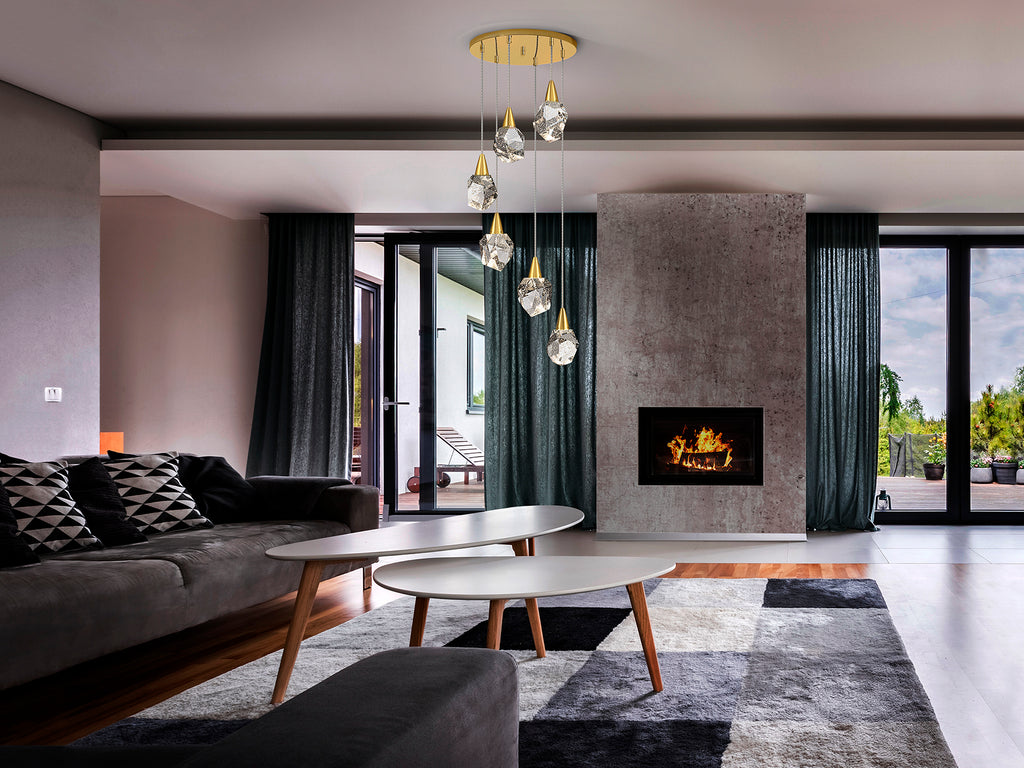 Lámpara de techo Aquaria 6 luces oro mate con diseño moderno y cristal, ideal para comedor y salón. Incluye LED integrado, regulable en altura. Colección Schuller.