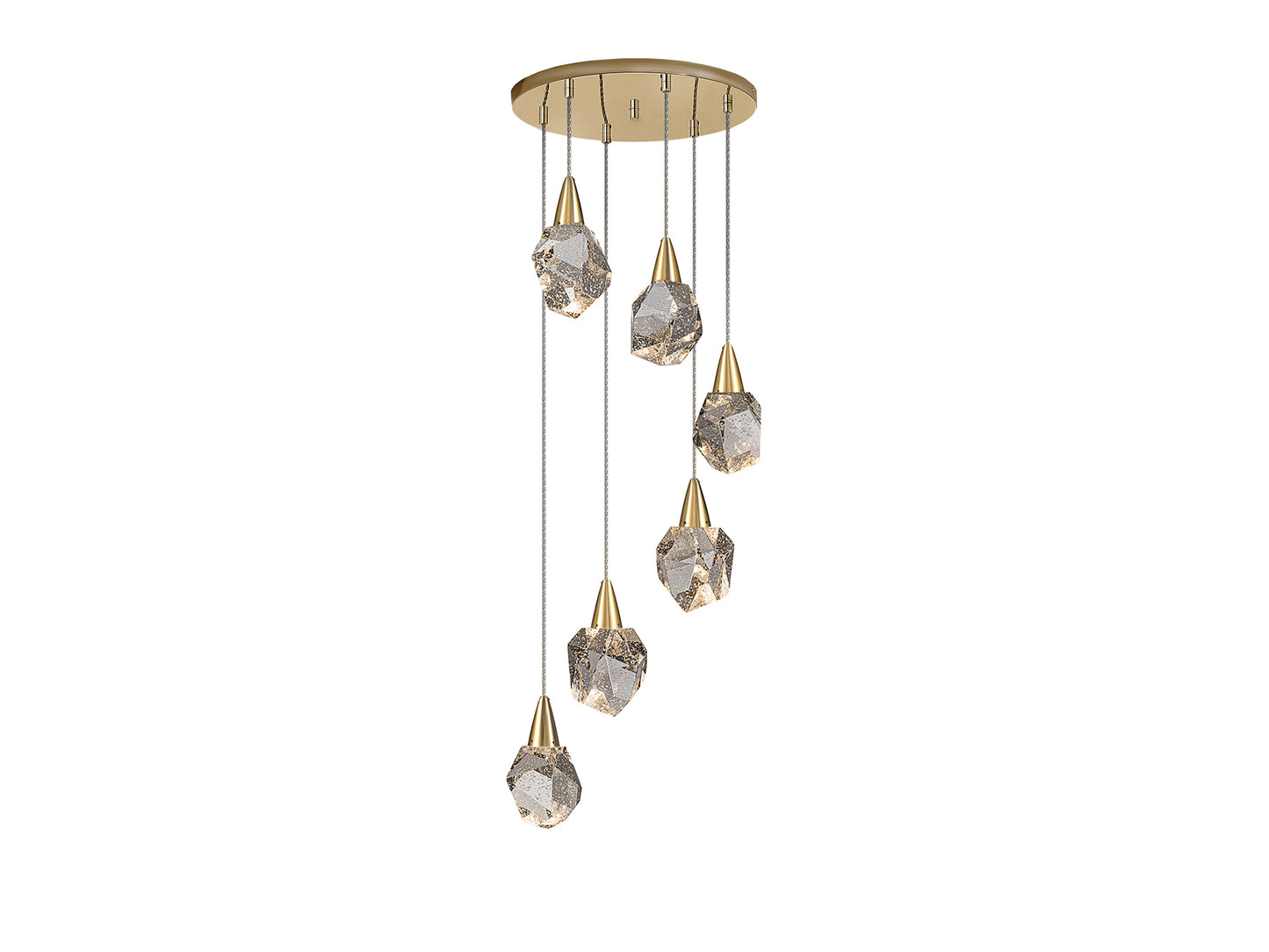 Lámpara de techo Aquaria 6 luces oro mate de Schuller, ideal para comedor y salón. Diseño moderno con cristal, LED integrado y altura regulable. Colección Aquaria.
