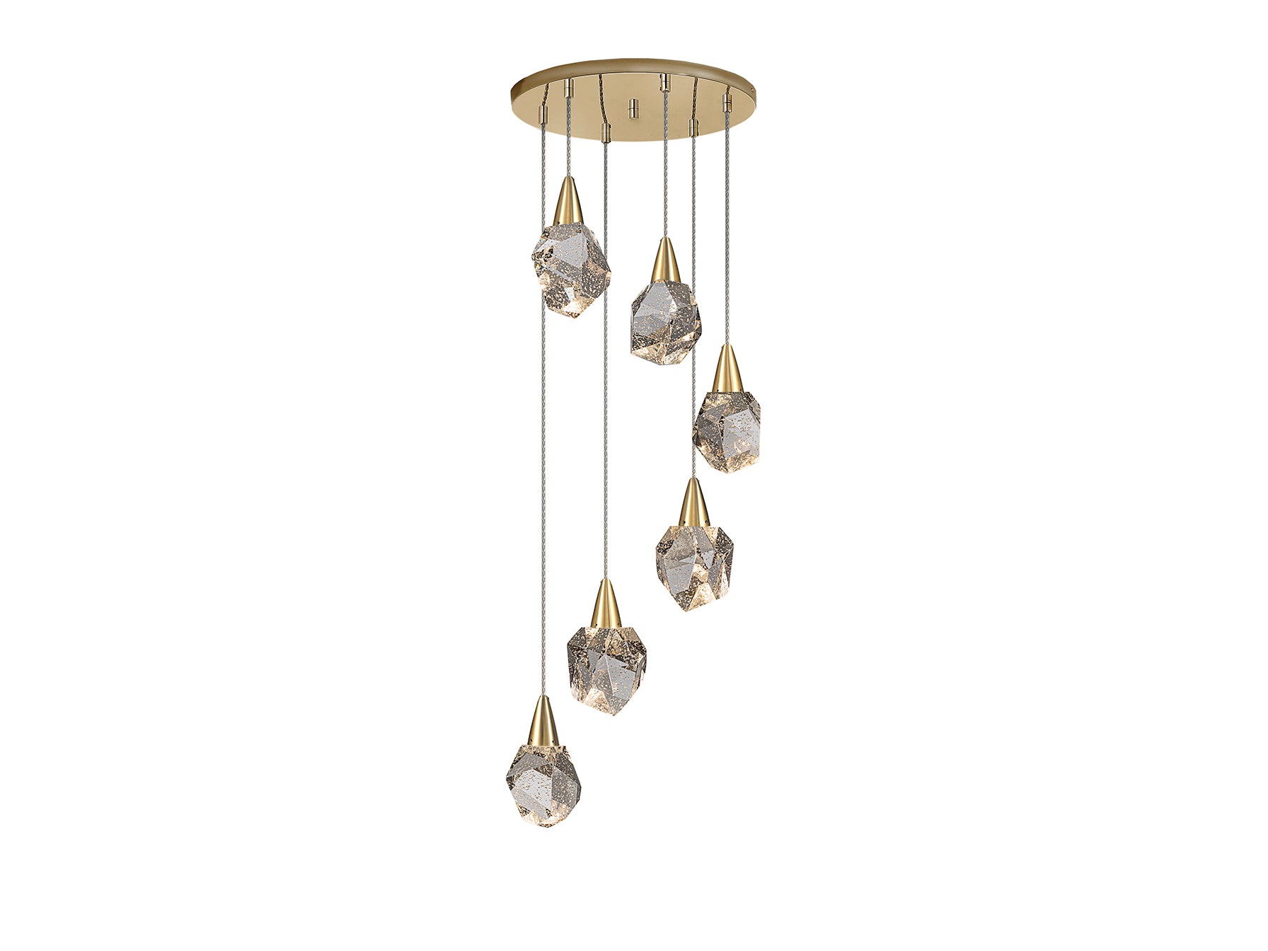 Lámpara de techo Aquaria 6 luces oro mate de Schuller, ideal para comedor y salón. Diseño moderno con cristal, LED integrado y altura regulable. Colección Aquaria.
