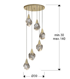 Medidas de Lámpara de techo Aquaria 6 luces oro mate con diseño moderno, cristal y LED integrado, ideal para comedor y salón. Marca Schuller, modelo 157261. Altura regulable.