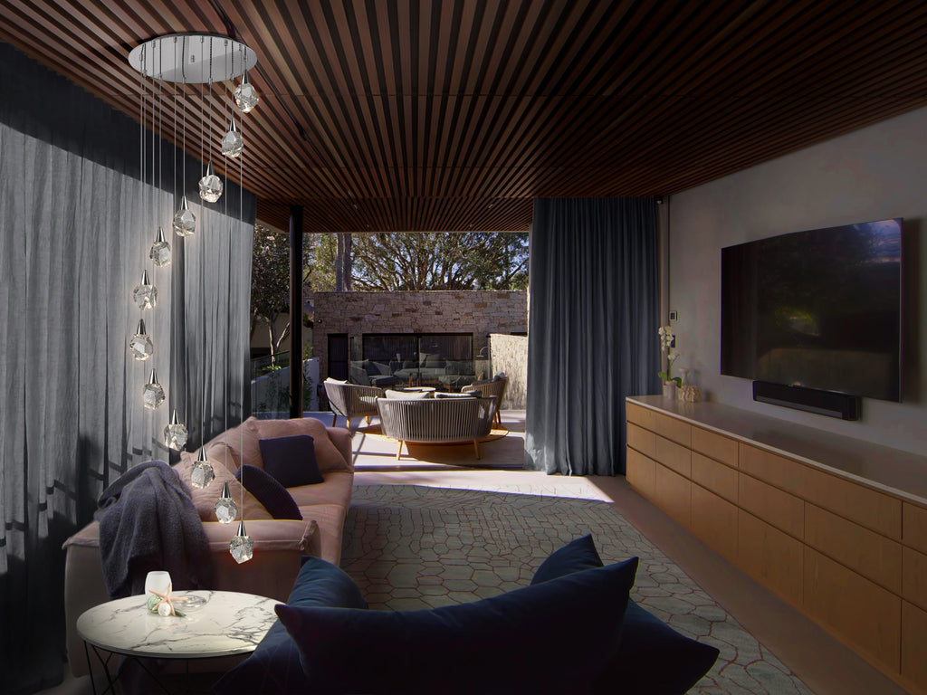 Lámpara de techo Aquaria 12 luces cromada con cristales, LED y diseño moderno regulable en altura. Ideal para salón. Schuller (157308)