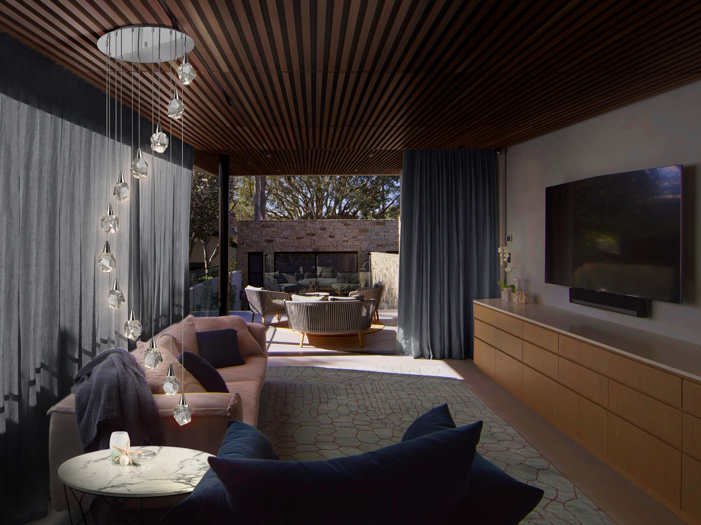 Lámpara de techo Aquaria 12 luces cromada con cristales, LED y diseño moderno regulable en altura. Ideal para salón. Schuller (157308)