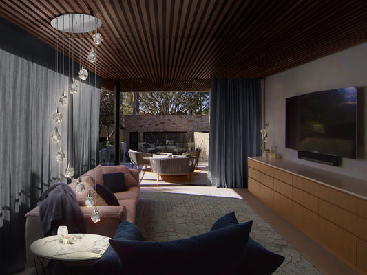 Lámpara de techo Aquaria 12 luces cromada con cristales, LED y diseño moderno regulable en altura. Ideal para salón. Schuller (157308)