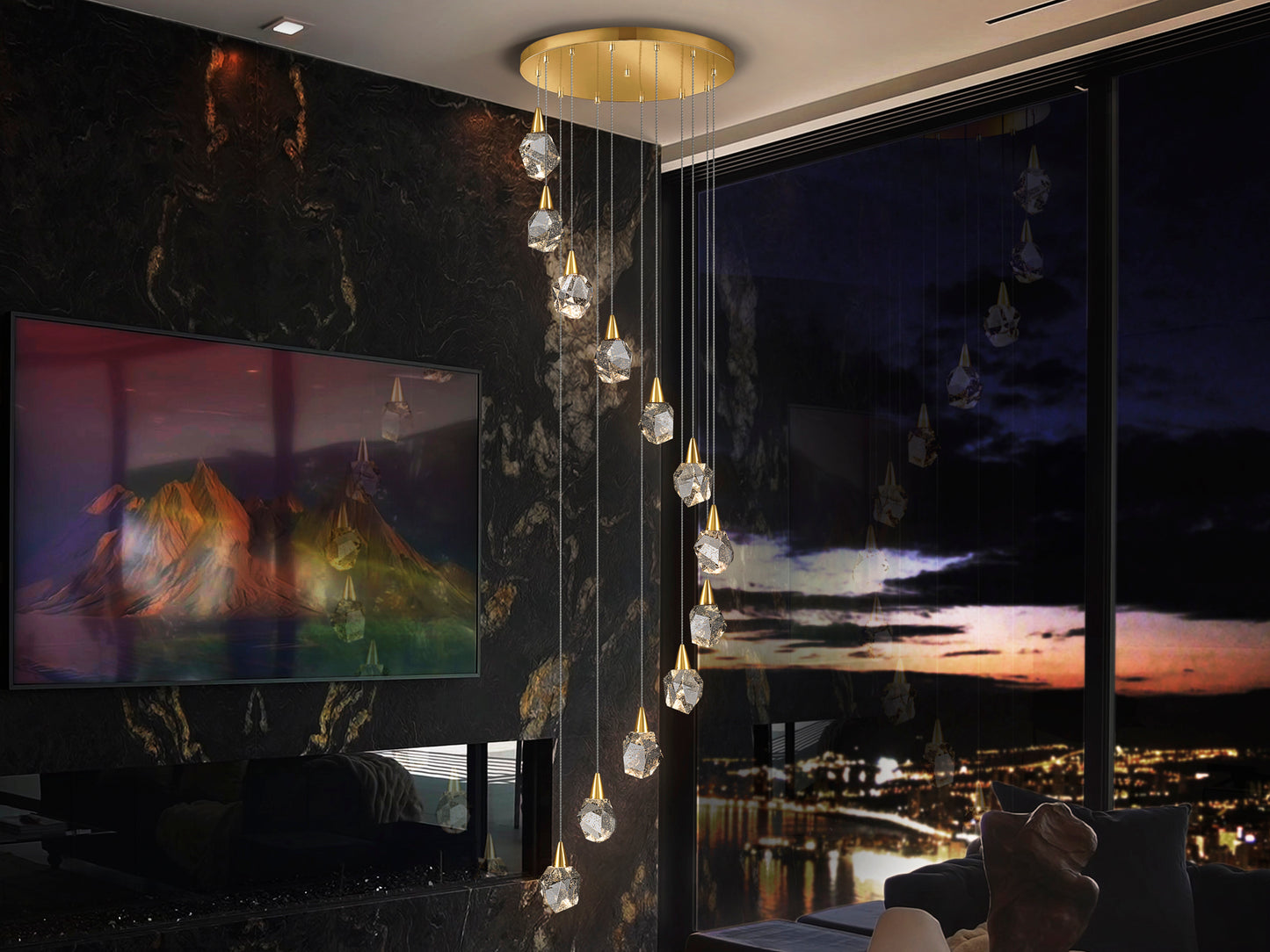 Lámpara de techo Aquaria 12L oro mate de Schuller (157322) - Diseño de lujo con cristal y LED, ideal para comedor y salón. Regulable en altura.