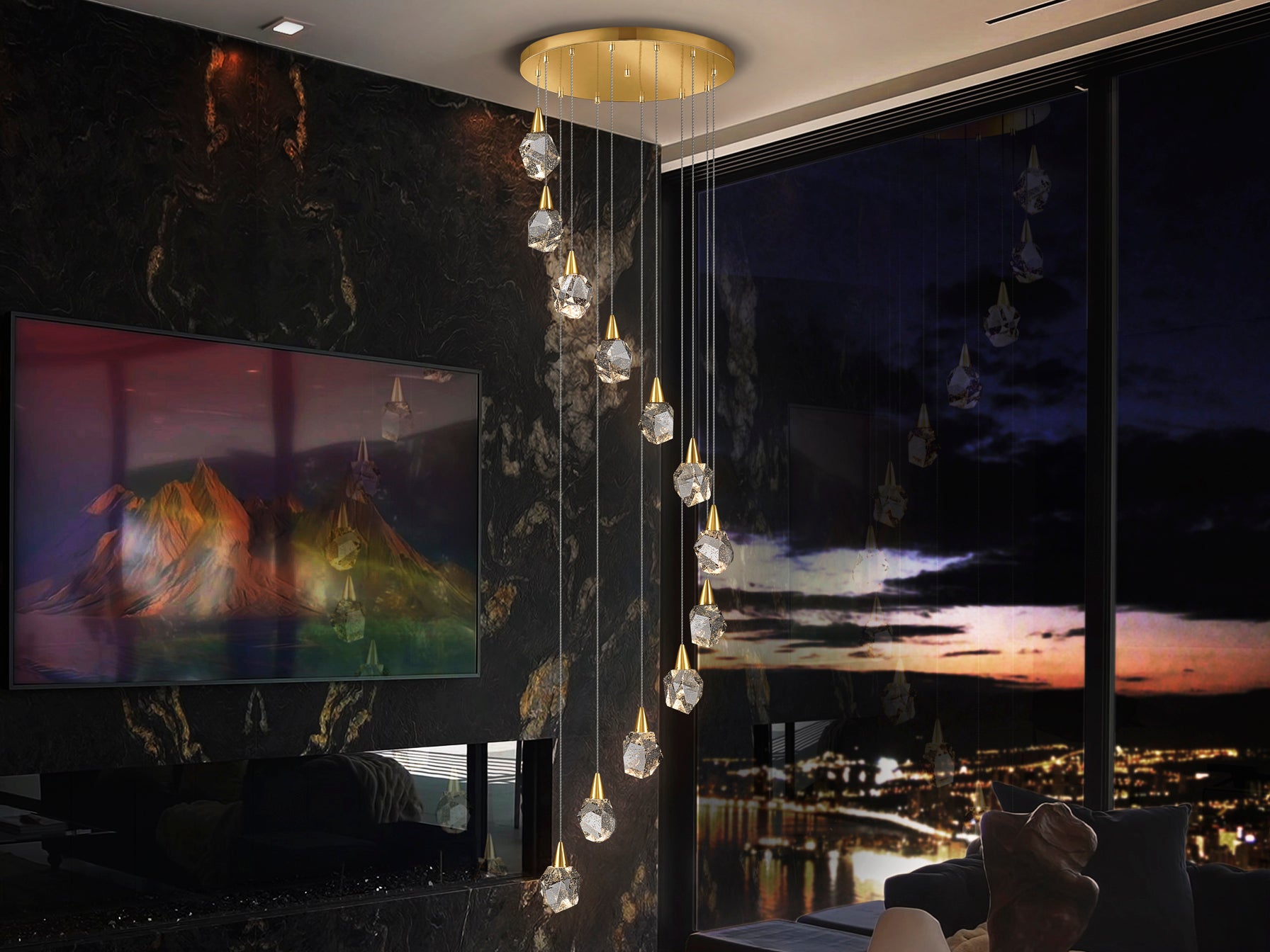 Lámpara de techo Aquaria 12L oro mate de Schuller (157322) - Diseño de lujo con cristal y LED, ideal para comedor y salón. Regulable en altura.