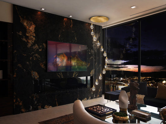 Lámpara de techo Aquaria 12L oro mate Schuller, ideal para comedor o salón. Diseño de lujo con cristal y LED regulable en altura. Modelo 157322.