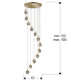 Medidas de Lámpara de techo Aquaria 12L oro mate de Schuller, ideal para comedor o salón. Diseño de lujo con cristal y tecnología LED regulable en altura. Modelo 157322.