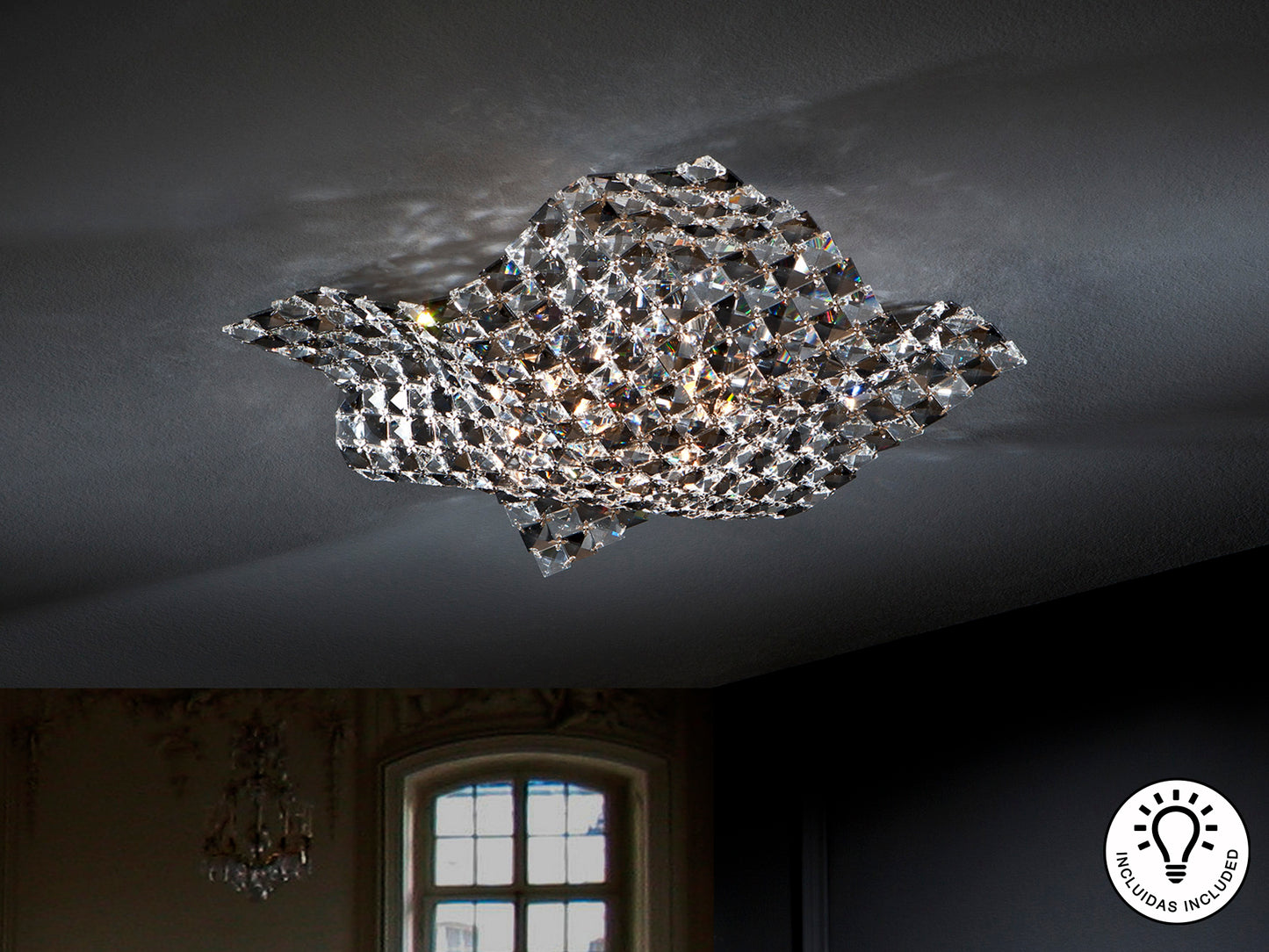 Plafón 4 luces Satén cromo de metal y cristal para salón - Schuller 160563