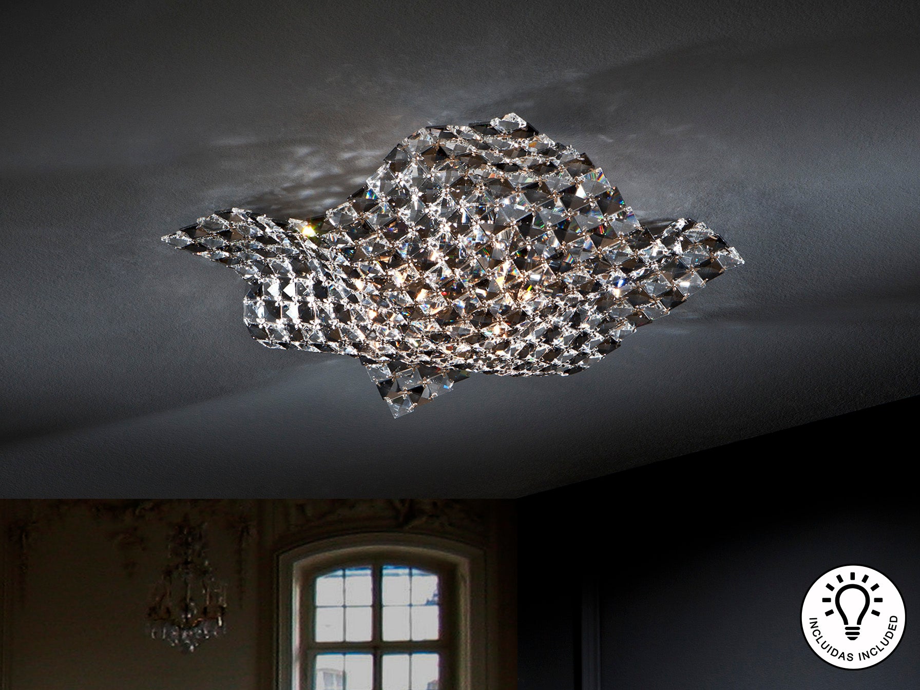Plafón 4 luces Satén cromo de metal y cristal para salón - Schuller 160563