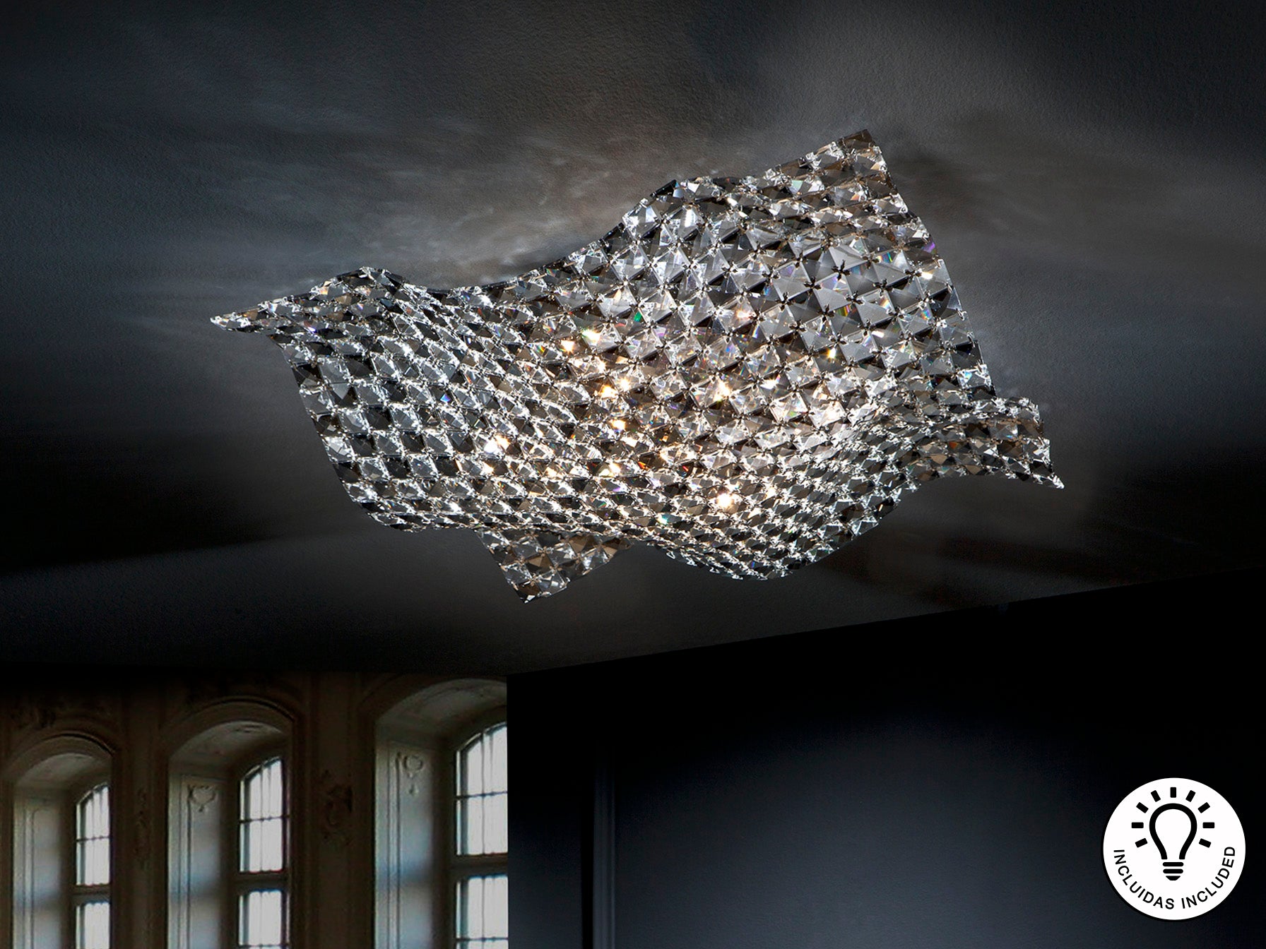 Plafón 5 luces Satén grande cromo para salón, diseño moderno con cristal K9 | Schuller 160674