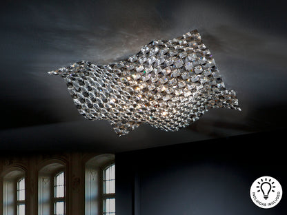 Plafón 5 luces Satén grande cromo para salón, diseño moderno con cristal K9 | Schuller 160674