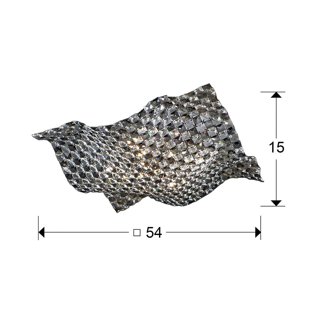 Medidas de Plafón 5 luces Satén grande cromo Schuller, ideal para salón. Diseño moderno con cristal K9 y acabado en cromo. Iluminación glamour, metal y transparente. Colección Satén.