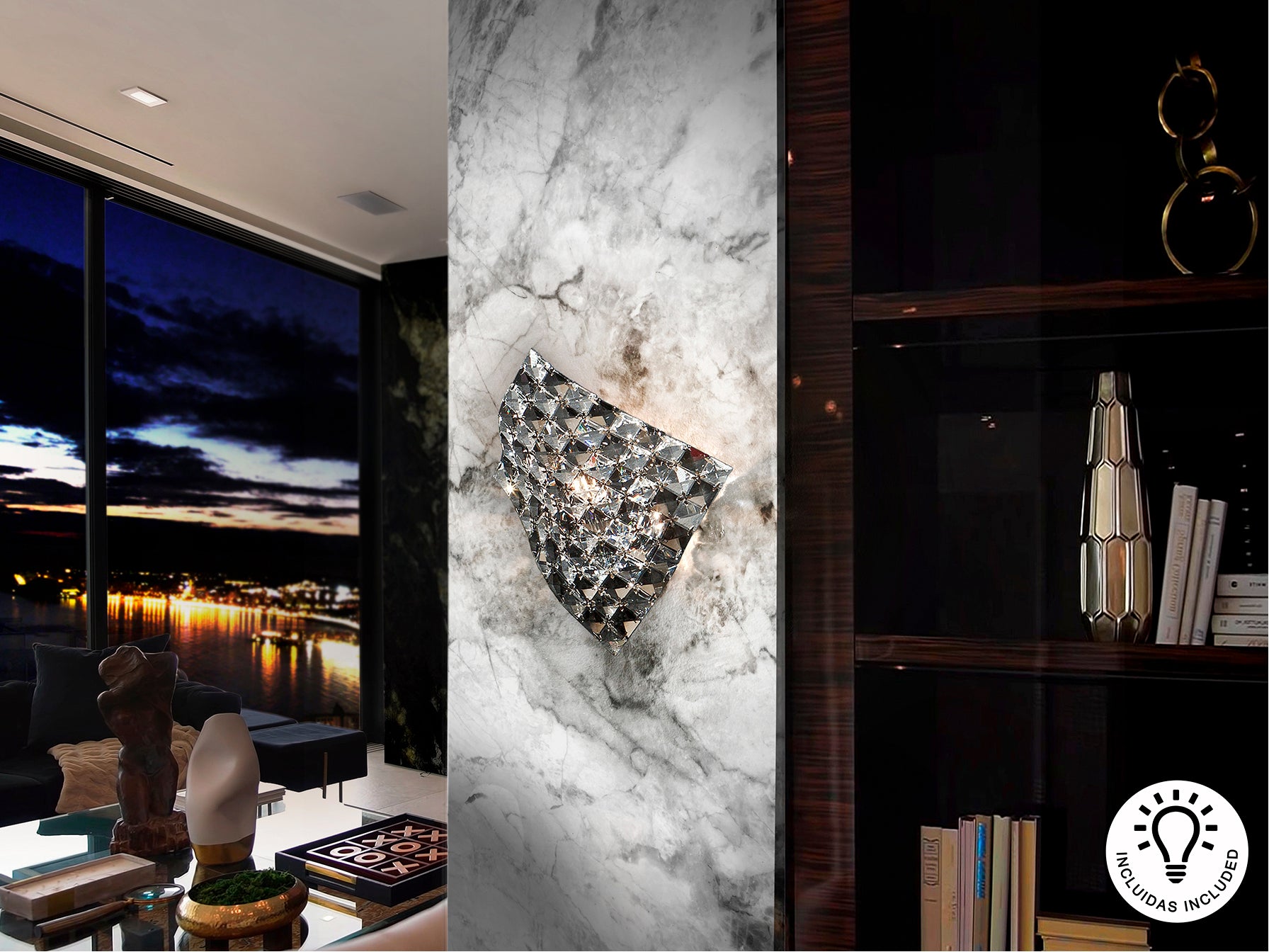 Aplique de pared Satén Cromado Schuller - Diseño moderno con cristal transparente para salón.