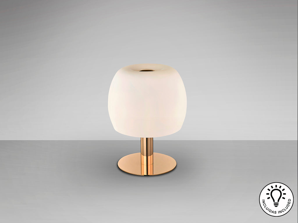 Lámpara de sobremesa BALOON oro brillo con tulipa opal, ideal para dormitorio o salón. Diseño moderno de Schuller con 3 luces G9 y detalles en cristal y metal.