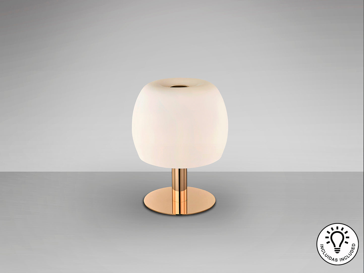 Lámpara de sobremesa BALOON oro brillo con tulipa opal, ideal para dormitorio o salón. Diseño moderno de Schuller con 3 luces G9 y detalles en cristal y metal.