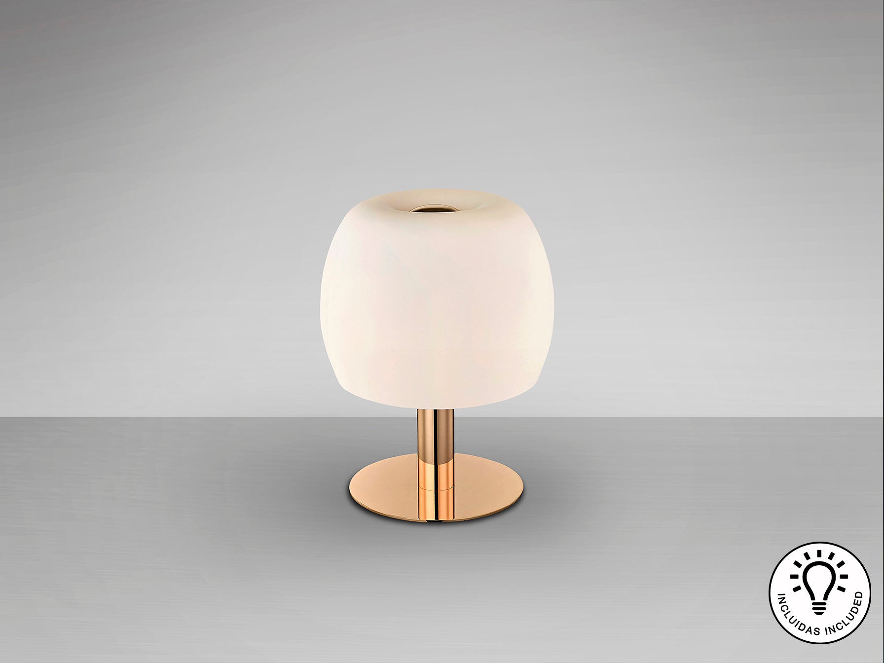 Lámpara de sobremesa BALOON oro brillo con tulipa opal, ideal para dormitorio o salón. Diseño moderno de Schuller con 3 luces G9 y detalles en cristal y metal.