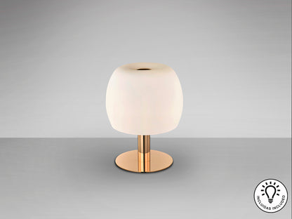 Lámpara de sobremesa BALOON oro brillo con tulipa opal, ideal para dormitorio o salón. Diseño moderno de Schuller con 3 luces G9 y detalles en cristal y metal.