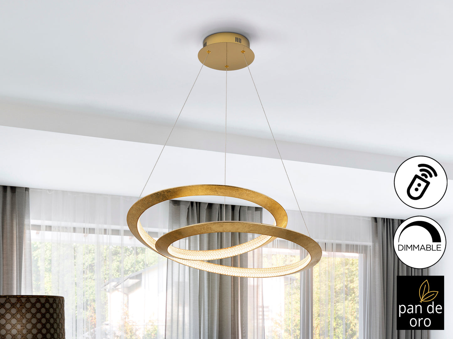 Lámpara de techo Eternity Pan Oro Ø60 dorada de Schuller, diseño Art Déco con detalles en pan de oro, ideal para comedor o salón. Iluminación LED dimable y lujo.