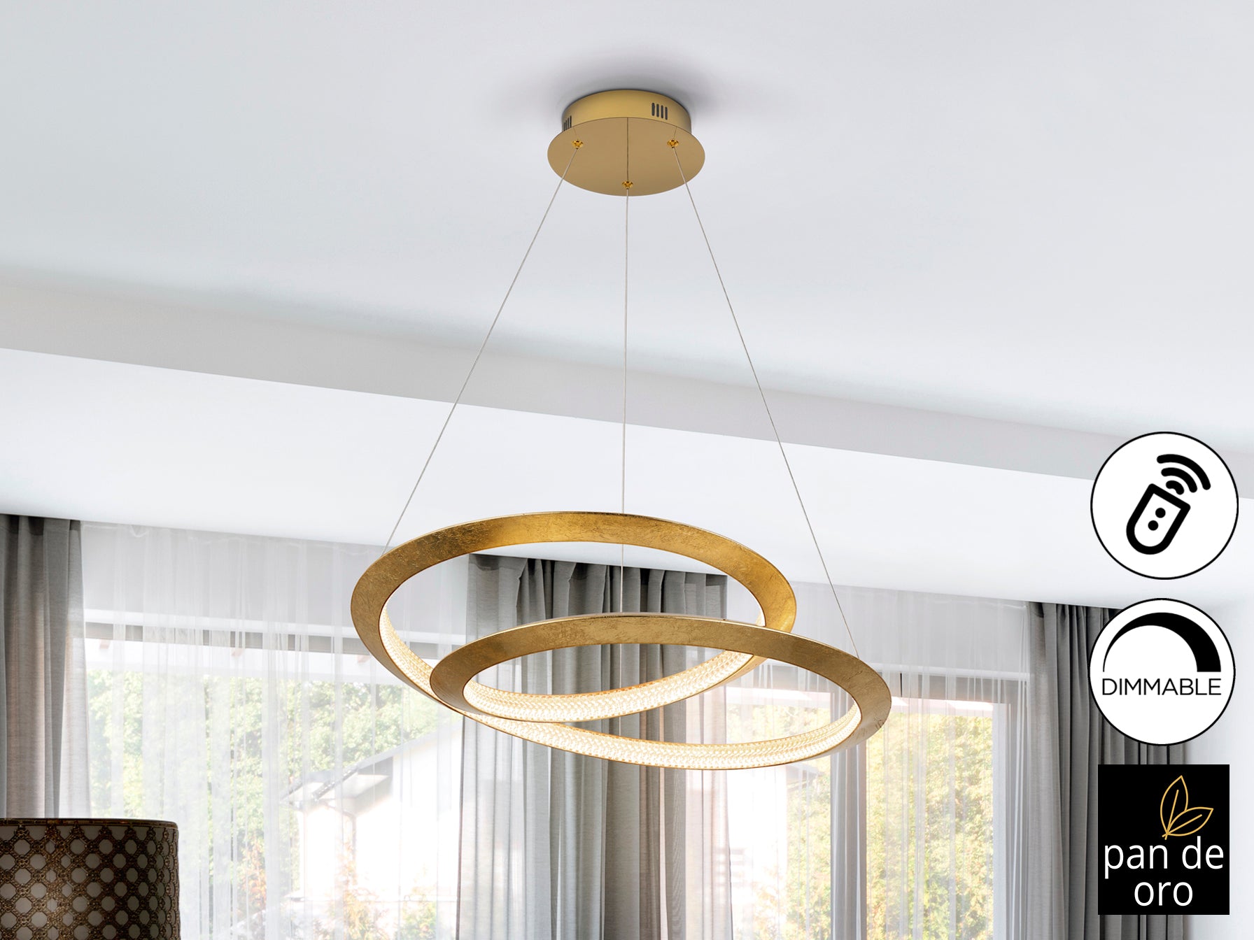 Lámpara de techo Eternity Pan Oro Ø60 dorada de Schuller, diseño Art Déco con detalles en pan de oro, ideal para comedor o salón. Iluminación LED dimable y lujo.