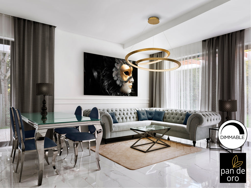 Lámpara colgante Eternity Pan Oro Ø97 dorada de lujo para comedor o salón, con tecnología LED y diseño moderno de Schuller.