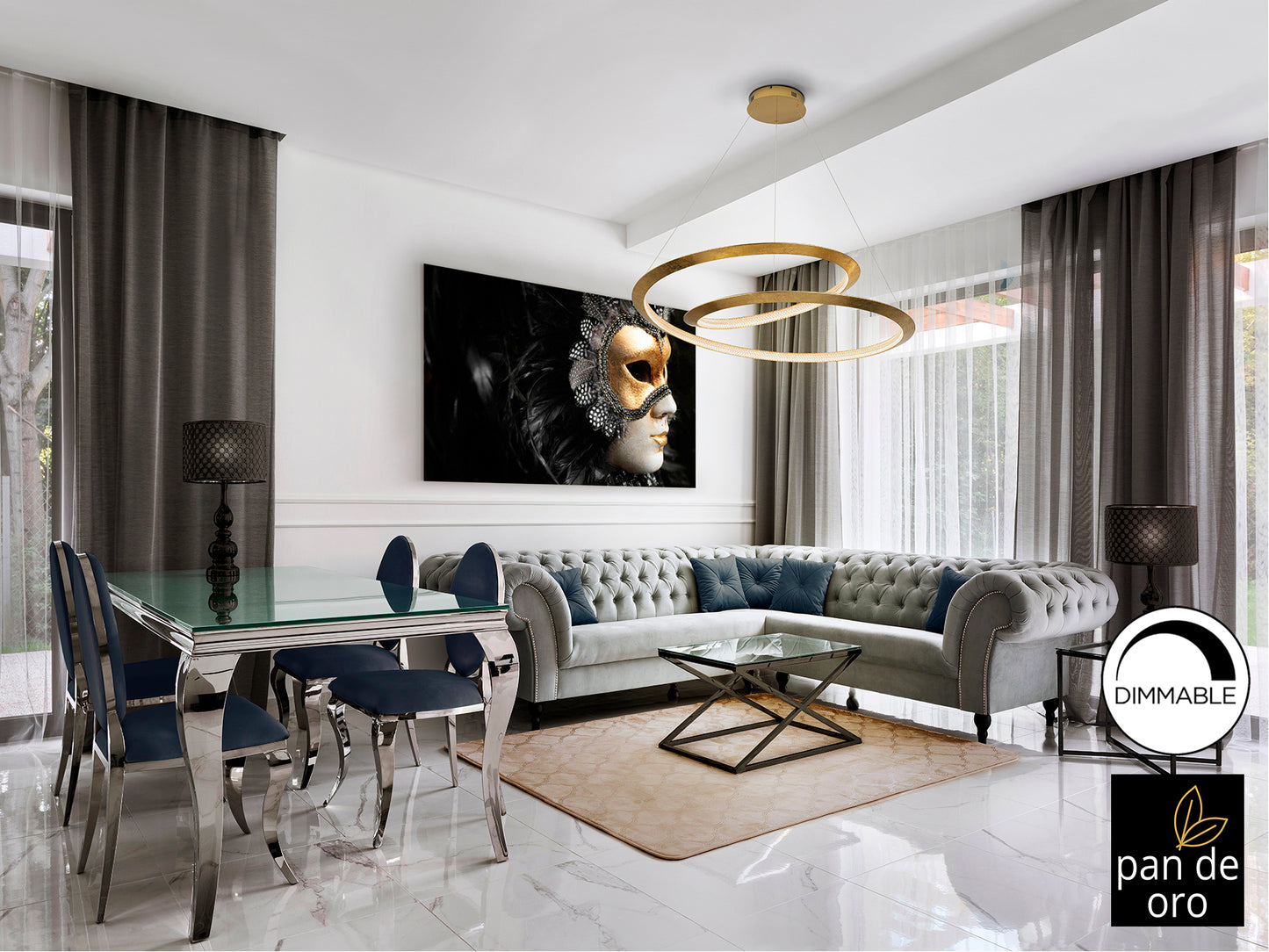 Lámpara colgante Eternity Pan Oro Ø97 dorada de lujo para comedor o salón, con tecnología LED y diseño moderno de Schuller.