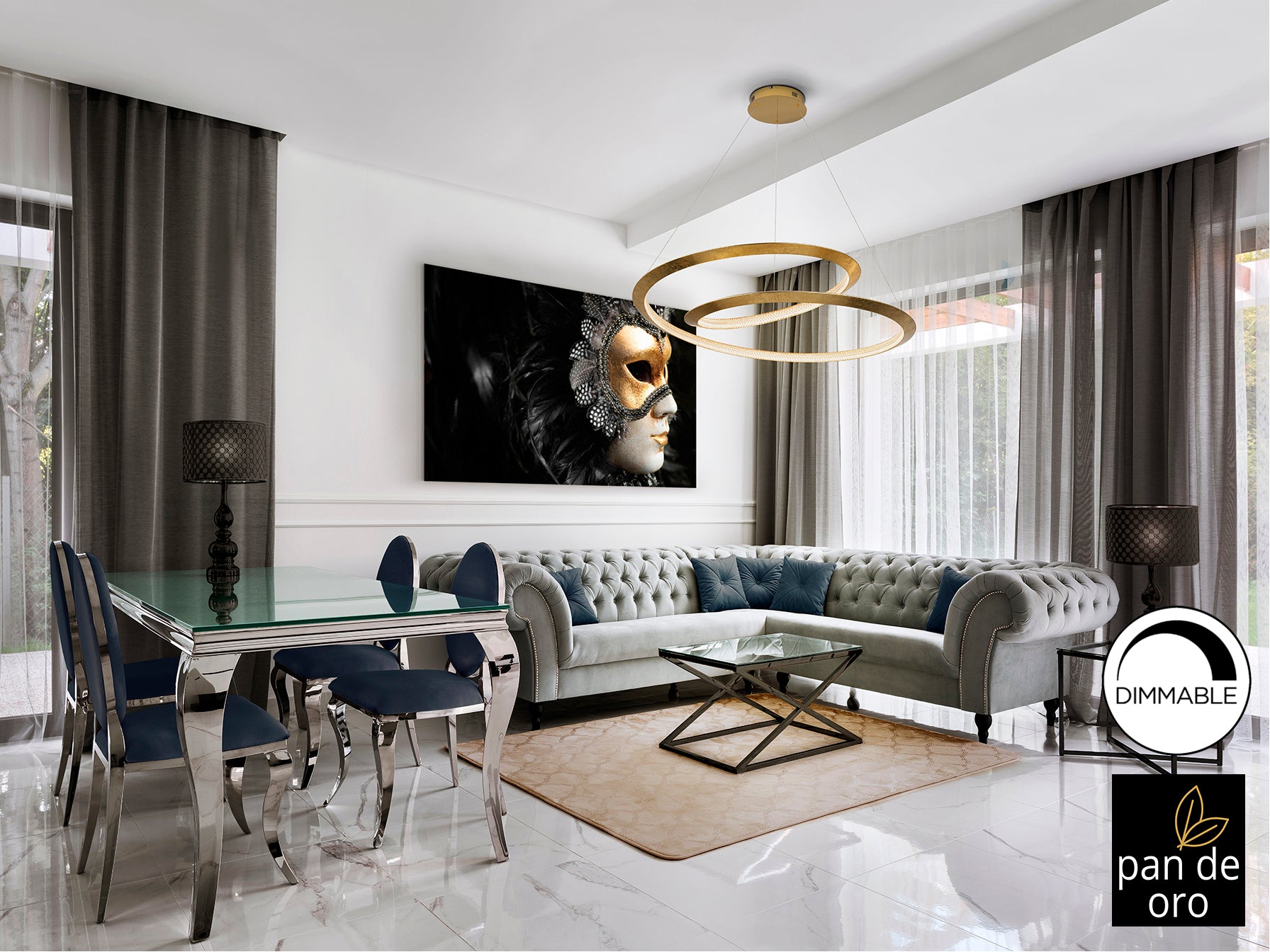 Lámpara colgante Eternity Pan Oro Ø97 dorada de lujo para comedor o salón, con tecnología LED y diseño moderno de Schuller.