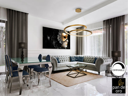 Lámpara colgante Eternity Pan Oro Ø97 dorada de lujo para comedor o salón, con tecnología LED y diseño moderno de Schuller.