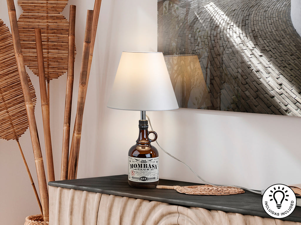 Kit de sobremesa Schuller 167239 con botella y pantalla blanca, cromado, ideal para salón moderno. Incluye metal y tejido.