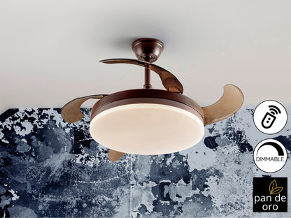 Ventilador de techo Vento negro y dorado con aspas retráctiles, luz LED regulable y motor DC para salón y dormitorio. Modelo 168360 de Schuller.