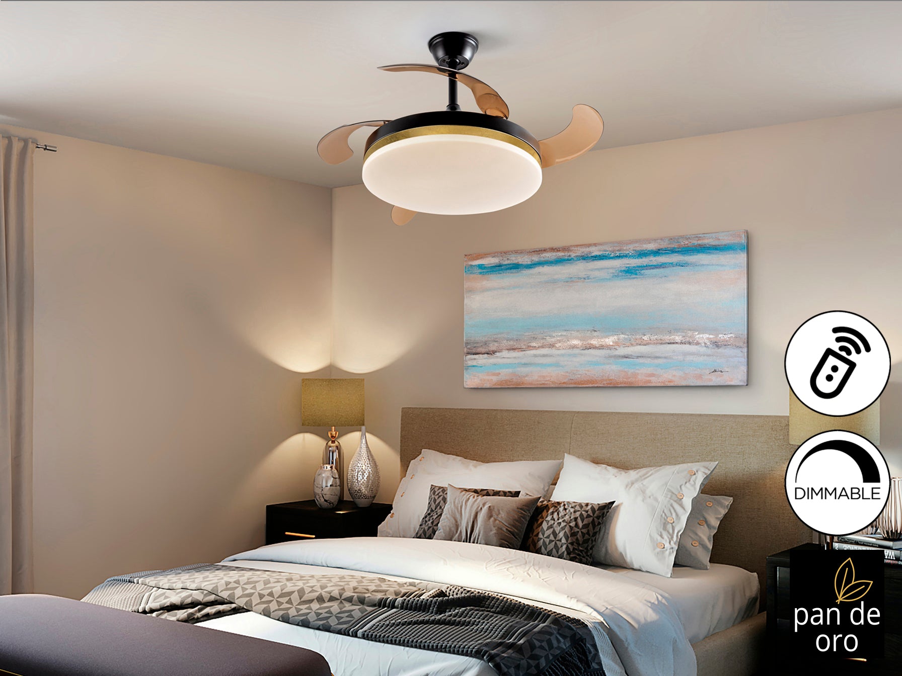 Ventilador de techo Vento negro y oro con luz LED regulable, aspas escamoteables, motor DC, ideal para dormitorio o salón - Schuller 168360.