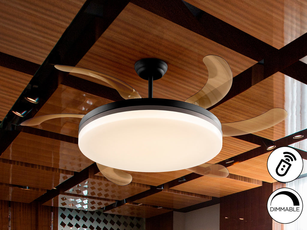 Ventilador de techo Vento Maxi negro y bronce de Schuller con aspas escamoteables, diseño moderno y motor DC, ideal para salones. Incluye luz LED regulable.