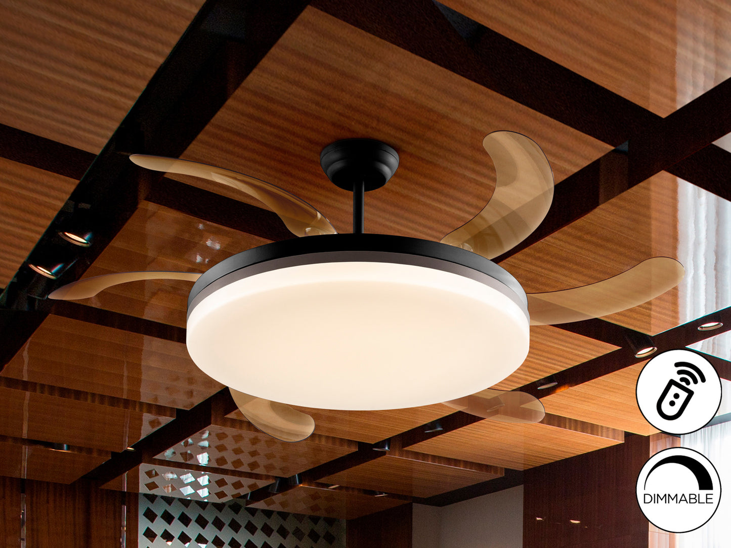 Ventilador de techo Vento Maxi negro y bronce de Schuller con aspas escamoteables, diseño moderno y motor DC, ideal para salones. Incluye luz LED regulable.