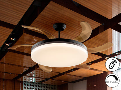 Ventilador de techo Vento Maxi negro y bronce de Schuller con aspas escamoteables, diseño moderno y motor DC, ideal para salones. Incluye luz LED regulable.