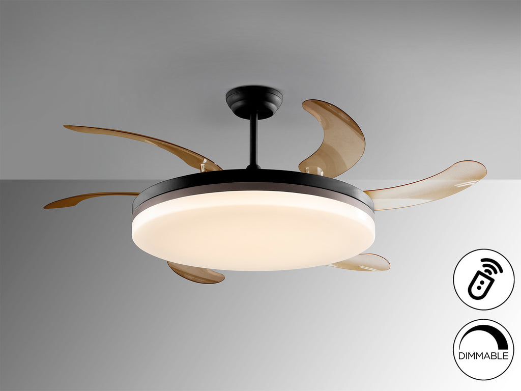 Ventilador de techo Vento Maxi negro y bronce de Schuller con aspas escamoteables, diseño moderno, motor DC, LED regulable ideal para salón. Modelo 168410.