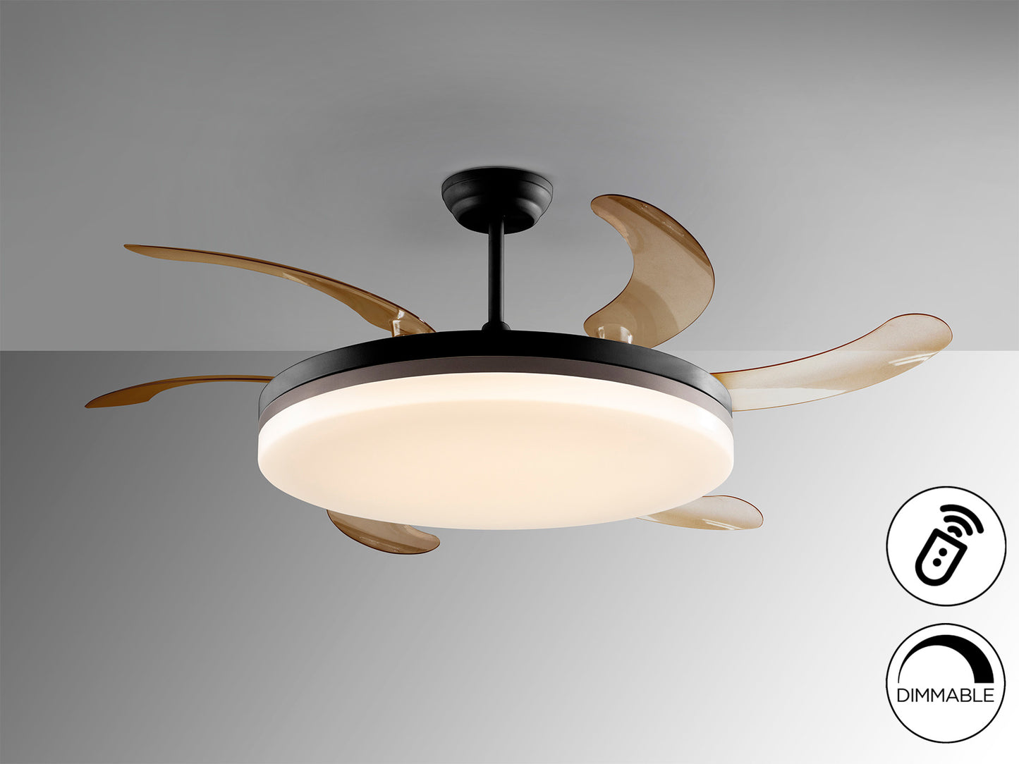 Ventilador de techo Vento Maxi negro y bronce de Schuller con aspas escamoteables, diseño moderno, motor DC, LED regulable ideal para salón. Modelo 168410.