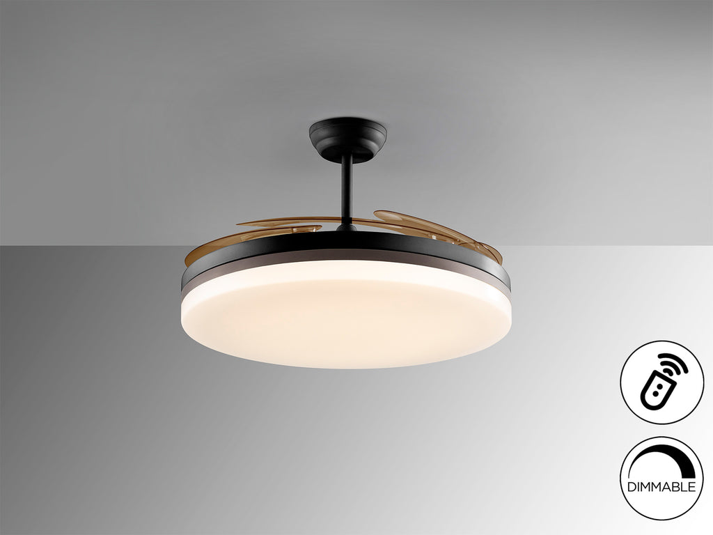 Ventilador de techo Vento Maxi negro y bronce con aspas escamoteables, diseño moderno, luz LED regulable y motor DC, ideal para salón. Marca Schuller. Modelo 168410.