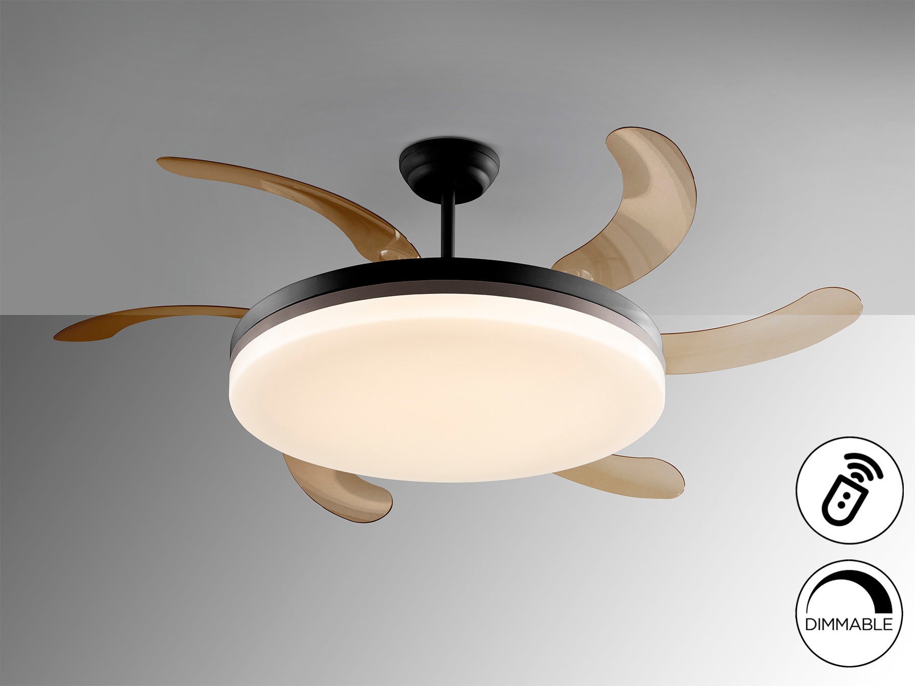 Ventilador de techo Vento Maxi negro y bronce con aspas escamoteables, diseño moderno de Schuller, ideal para salón. Iluminación LED regulable y motor DC.