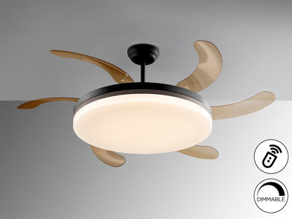 Ventilador de techo Vento Maxi negro y bronce con aspas escamoteables, diseño moderno de Schuller, ideal para salón. Iluminación LED regulable y motor DC.