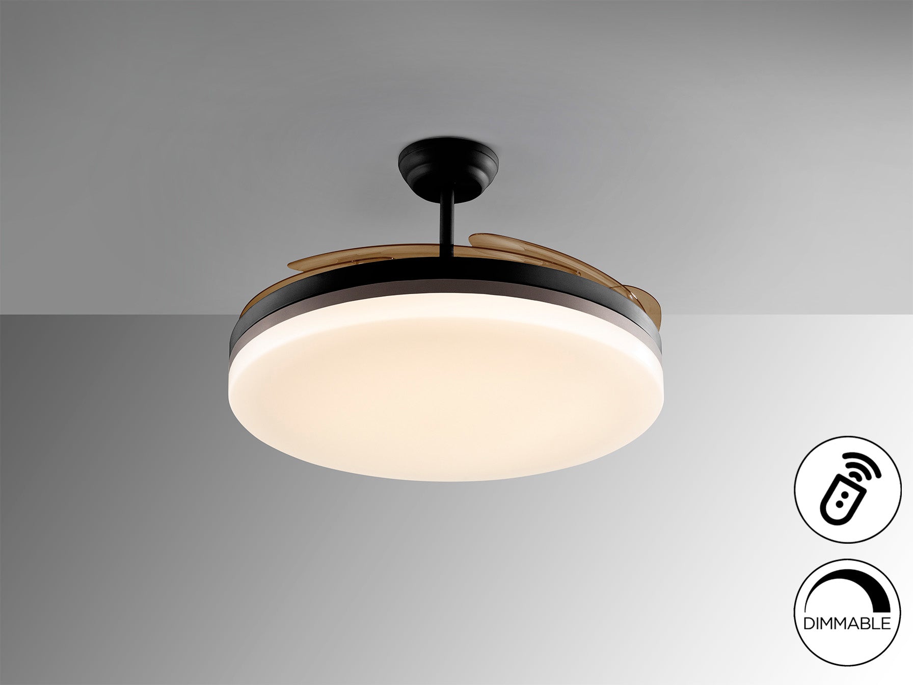 Ventilador de techo Vento Maxi negro y bronce de Schuller con aspas escamoteables, diseño moderno, LED regulable y motor DC ideal para salón. Modelo 168410.