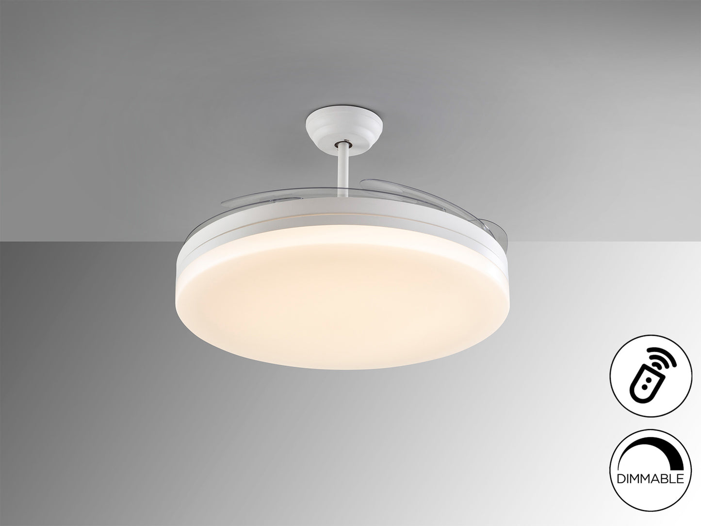 Ventilador de techo Vento Maxi D80 blanco con luz LED dimable y aspas retráctiles. Diseño moderno de Schuller con motor DC para eficiencia energética. Ideal para iluminación y ventilación en el hogar.