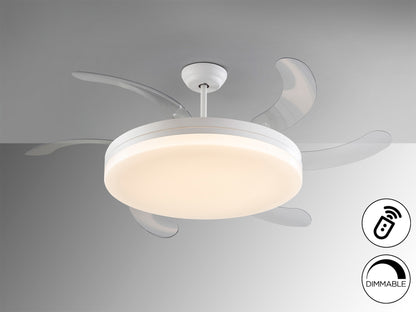 Ventilador de techo Vento Maxi D80 blanco Schuller con aspas retráctiles y luz LED dimable, ideal para espacios modernos. Motor DC, CCT regulable.