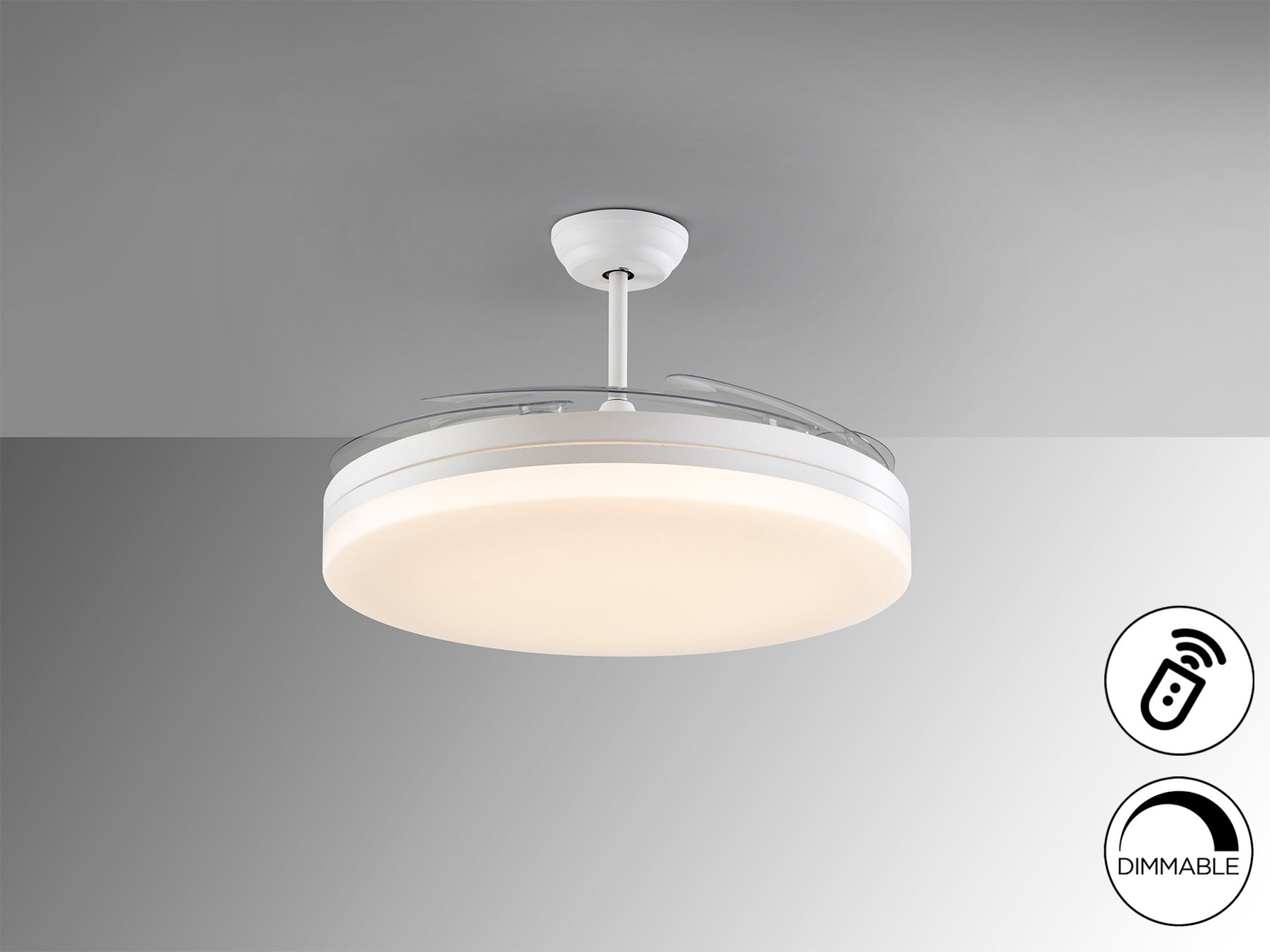 Ventilador de techo Vento Maxi D80 blanco Schuller, moderno con aspas retráctiles, luz LED dimable y motor DC. Ideal para espacios con diseño contemporáneo.