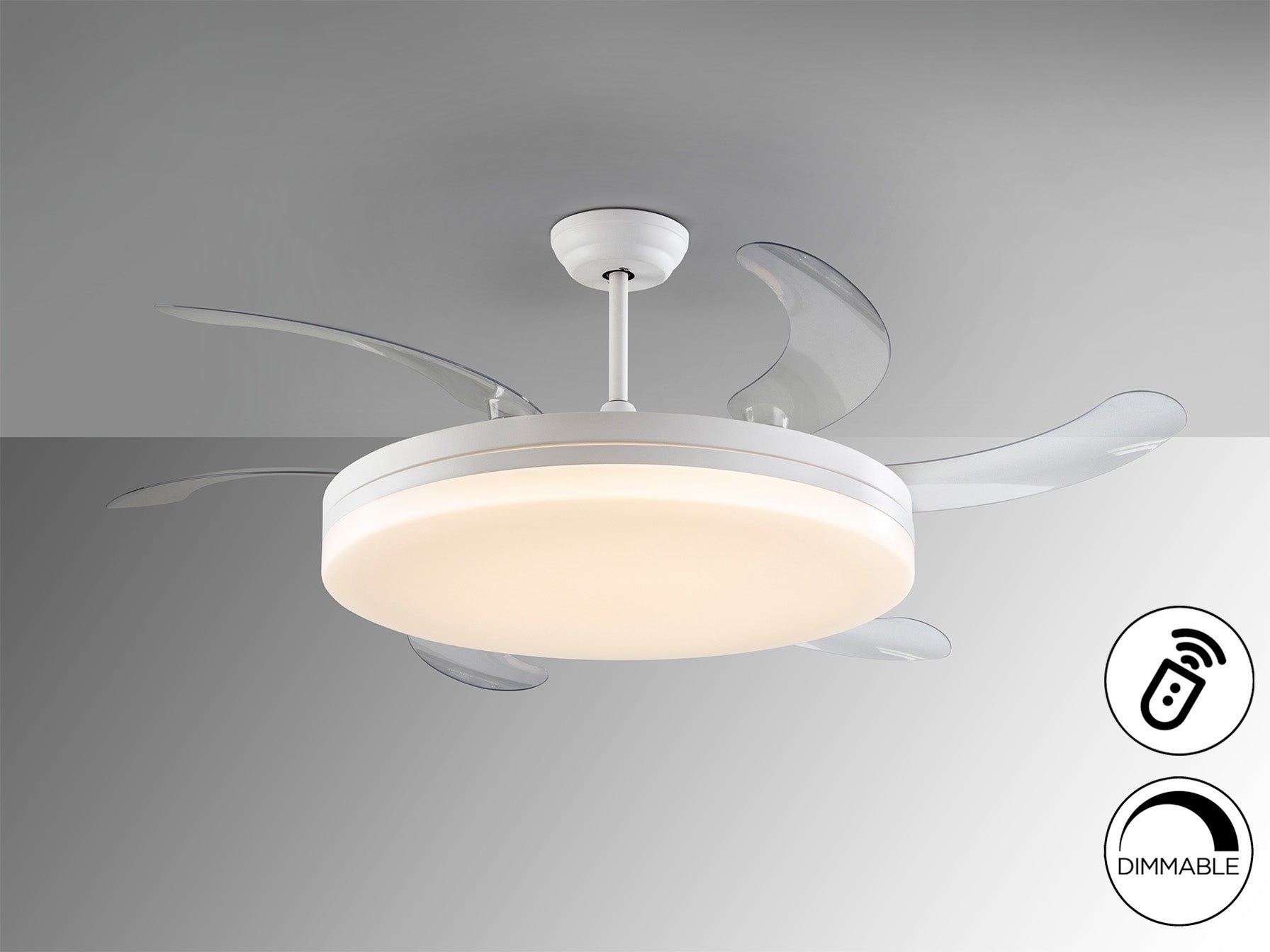 Ventilador de techo Vento Maxi D80 blanco Schuller con aspas retráctiles, luz LED dimable y motor DC. Diseño moderno con CCT regulable para [habitación/espacio].